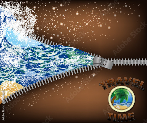 Travel Time greeting card with zipper and sea wave, vector illustration