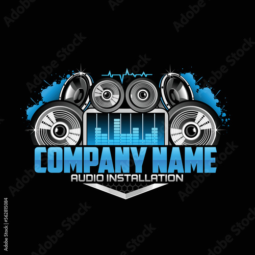 Modern car audio installation service logo on black background. Vector illustration.