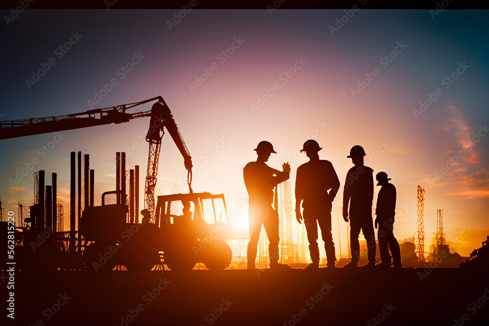 Fototapeta premium Ingenieure in Aktion: Ein Team auf einer Baustelle in Silhouette - Generative Ai