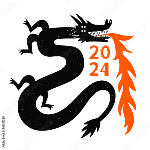 Vector illustration with black dragon  white stars and red fire flame. Chinese New Year 2024 symbol  year of the dragon  calendar print poster