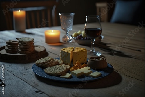 Crackers and Cheese Plate. Generative AI.