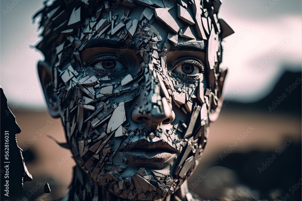 Sculpture of Human Face Made from Broken Mirrors. Fragmented Society ...
