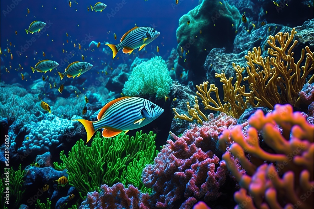 Underwater Oasis: School of Colorful Fish in a Coral Reef. Generative AI.