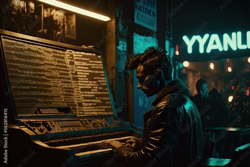 Retro Futurism: Synthwave Musician in Underground Club. Generative AI. Retro Futurism: Synthwave Musician in Underground Club. Generative AI.