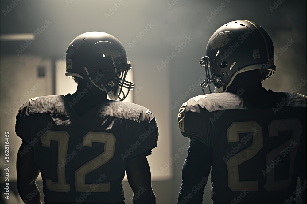 Cinematic Superbowl Football Players in Backlit Lighting - Helmet View. Generative AI.