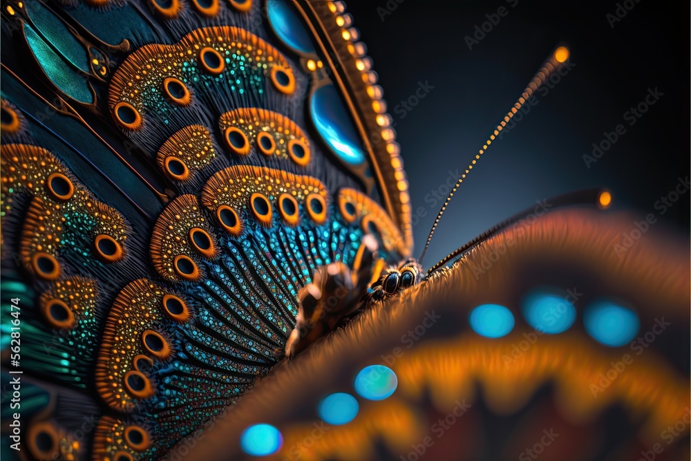 Obraz premium Butterfly's Intricate Patterns and Colors - Close-up With Bokeh Background. Generative AI.