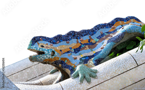 Lizard Fountain at Park Guell, popular touristic objects in Barcelona, Spain. Multicolored mosaic of Salamander or Dragon, isolated on white background.