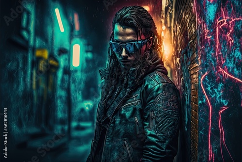 Male Cyberpunk Character in Dark Alleyway with Graffiti-Covered Walls. Generative AI.