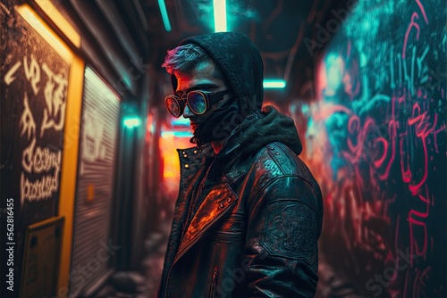 Male Cyberpunk Character in Dark Alleyway with Graffiti-Covered Walls. Generative AI.