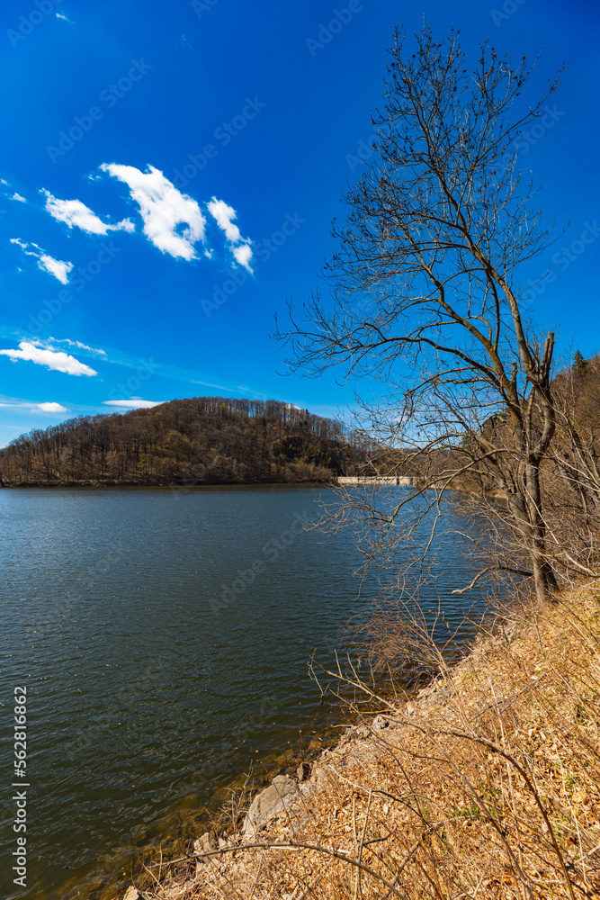 Beautiful landscape of Bystrzyckie lake and Water dam on Bystrzyca river