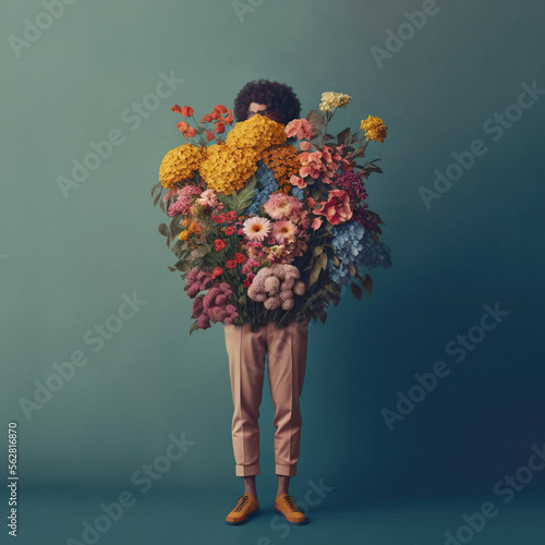 Print op canvas Abstract retro portrait of a man who instead of a face has a huge bouquet of fresh flowers that he wants to give to his woman