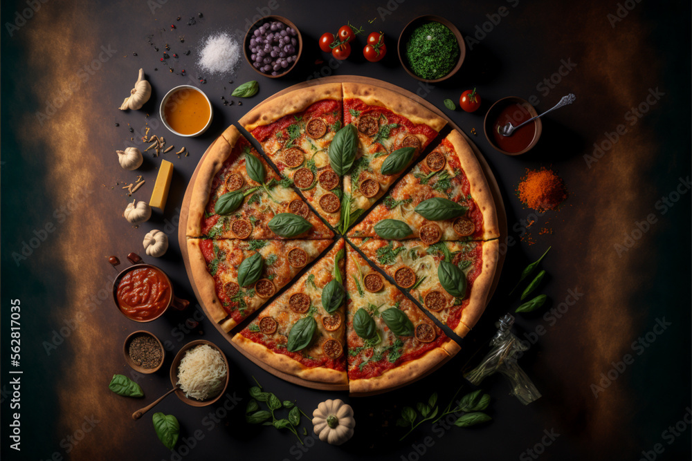 Pizza seem from above various ingredients, generative IA