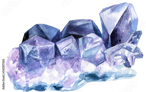 Amethyst crystals cluster watercolor illustration isolated elements 600 dpi PNG, clip art, clipart, painting, purple mineral gemstone crystal bohemian art, healing crystal, 