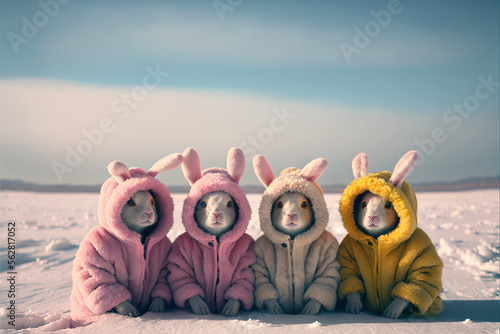 Vintage Easter concept of group of rabbit animals dressed in warm jackets with hoods with bunny ears in holiday costume. Illustration. Generative AI.