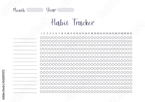 Vector Modern colorful habit tracker printable template with colorful elements. Habits tracker for month. Blank white notebook page A4