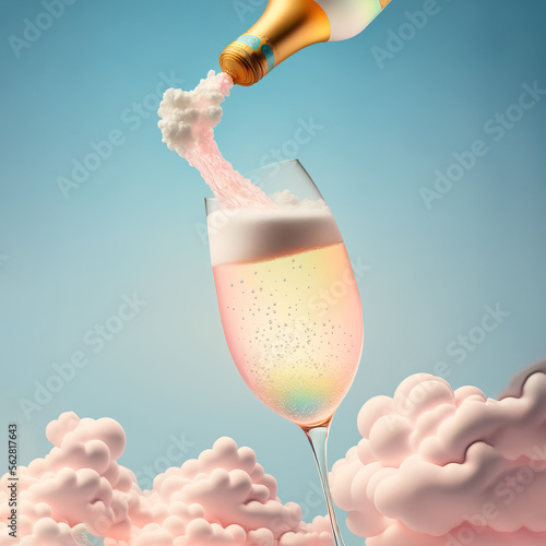 A pastel champagne party in the blue sky with clouds. A pastel liquor bottle and glass with a pink drink exploding out of it. Illustration. Generative AI.