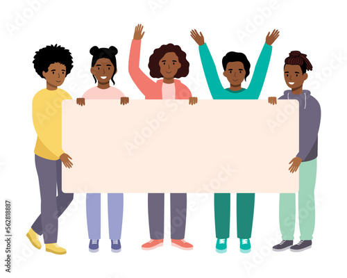 Group of African American  woman holding a blank banner. Protest Banner about Human Right of Black People. Tolerance and no racism concept.