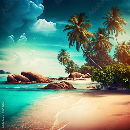 tropical sunny beach, island, sand, palm trees