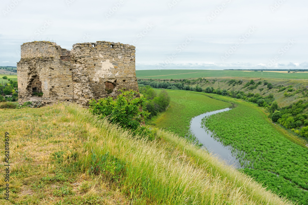 Ruins of the old fort on the hill below the river in Ukraine
