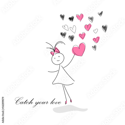 vector image of a girl with a heart in her hands. Greeting card for Valentine s Day. Catch your love.