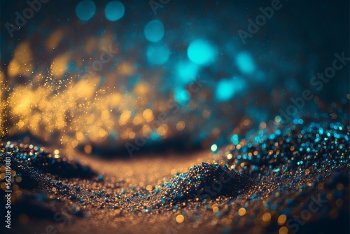 Background of abstract glitter lights. blue, gold and black. defocused. banner Generative AI
