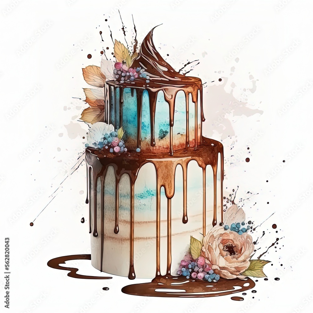 Watercolor wedding cake illustration, chocolate cake with color