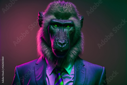 Portrait of Baboon in a business suit  on a neon cinematic background