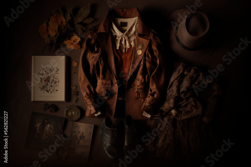 Dark aesthetic outfit flat lay vintage background, witchcraft AI Generated