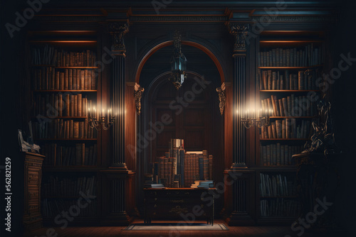 Dark academia vintage library, Greek sculpture, old books AI Generated photo