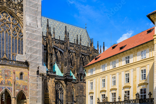 View of the Gothic Catholic Cathedral of St. Vitus, Wenceslas and Vojtech in Prague Castle. Background