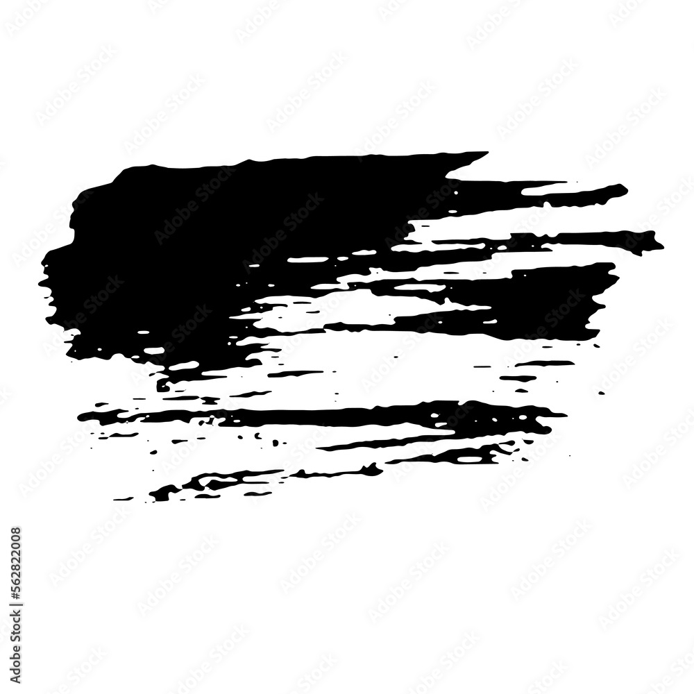 Black stain of paintbrush isolated on white background. Hand-drawn spot of paint, ink. Grunge dye splash. Uneven brush smear. Copy space banner. Vector grain illustration for substrate, base, frame