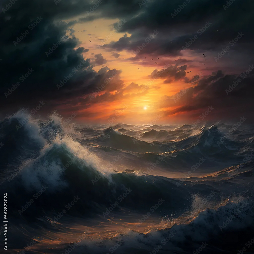 Sunset on stormy sea, cinematic, beautiful lighting, waves, ocean