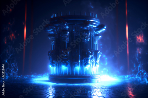 Nuclear reactor core powered with blue glow water, caused by Cherenkov radiation fuel plates uran. Generation AI photo