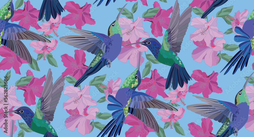 Vector drawing of a hummingbird and exotic flowers in vintage style