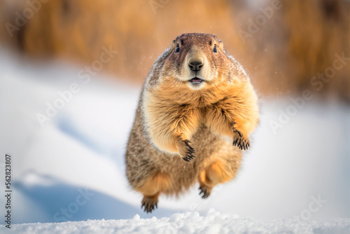 Groundhog runs in the snow. Groundhog Day. Generative AI