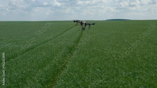Agriculture drone fly to sprayed fertilizer on the rice field. industrial revolution. agriculture technology.