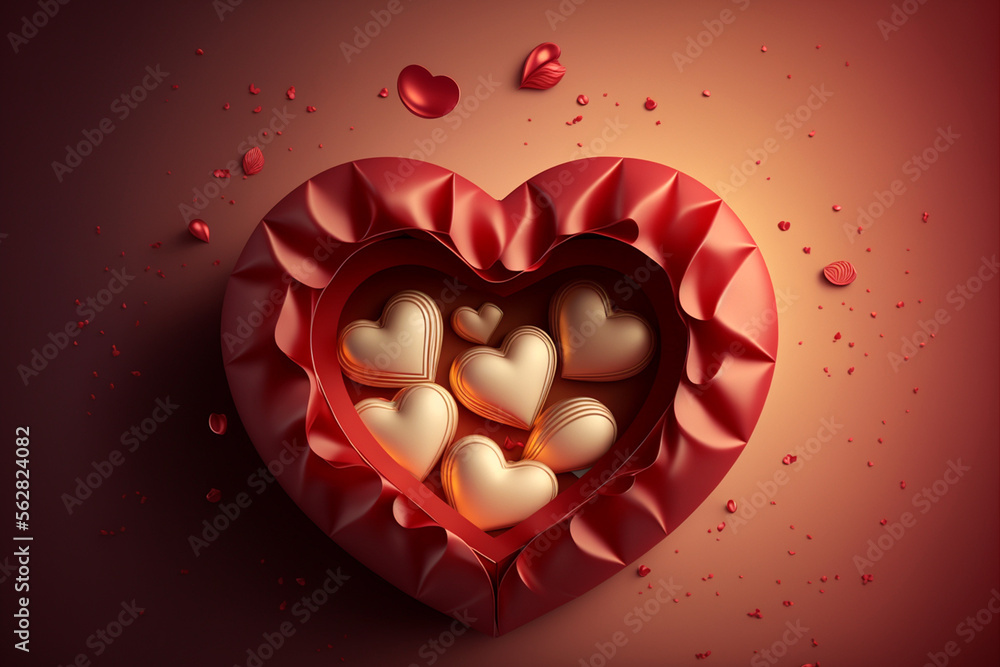 Candy hearts inside a heart shaped box. Romantic gift. AI generated image.