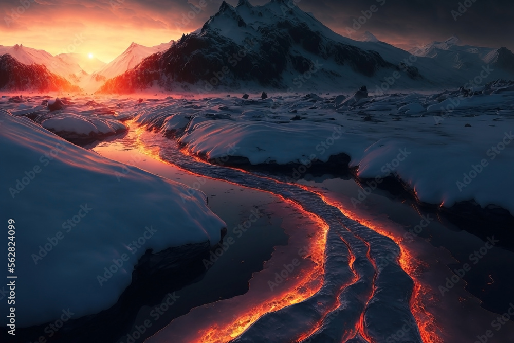Fototapeta premium Fire and ice concept. Good and evil. Lava river cutting through a frozen winter landscape. Hot and cold. Warm sunset tones. Cold stormy tones.