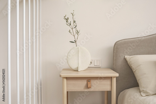 A cozy Home interior in warm beige tones in Japanese and Scandinavian Style. Modern Scandinavian Bedroom Interior Design. Japandi Concept