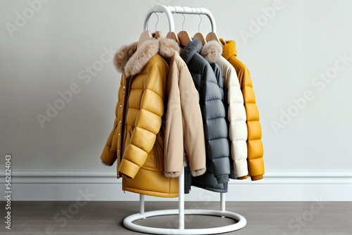 Hanger stand with warm jackets, winter jackets with fur collar hang on white wooden hangers. AI generated image. photo