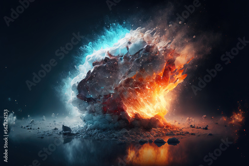 Fire and ice concept. Good and evil. Hot and cold. Exploding fire. Exploding ice. Blue glow. fire glow. © ana