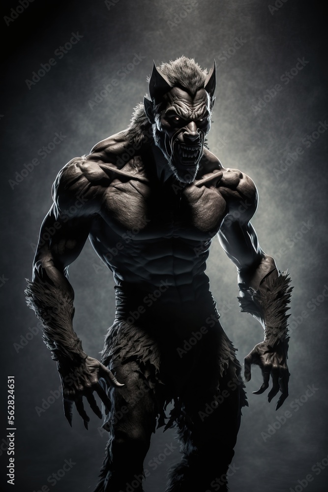Demonic Isolated Werewolf lycanthrope. Dark misty background. Evil glowing eyes and sharp fangs. folklore creature.
