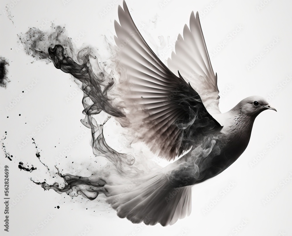 Fototapeta premium Flying white dove. Fading into dark smoke. Fantasy bird. Fantasy white dove. Angelical wings.