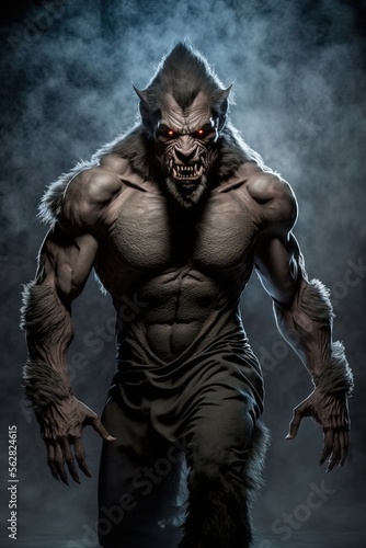 Angry looking Isolated Werewolf lycanthrope. Dark misty background. Evil glowing eyes and sharp fangs. Demonic creature. © ana