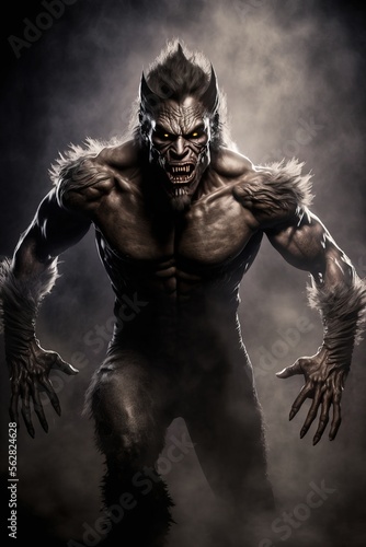 Isolated Werewolf lycanthrope. Dark misty background. Evil glowing eyes and sharp fangs. Furry body. Muscular body.