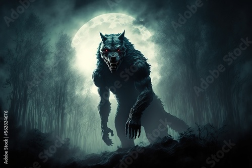 Werewolf lycanthrope. Dark misty forest full moon. Evil glowing eyes and sharp fangs. Hunting at night.