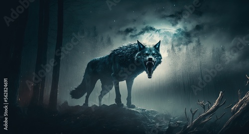 Howling wolf. Werewolf lycanthrope. Dark misty forest full moon. Evil glowing eyes and sharp fangs. © ana