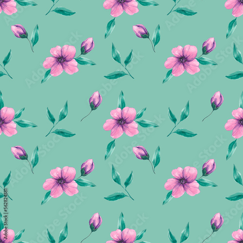 Hand drawn watercolor seamless floral pattern. Watercolor. Pink flowers. Green leaves. Floral background. Spring. Home textiles. Texture. Abstraction. Bloom. Summer.