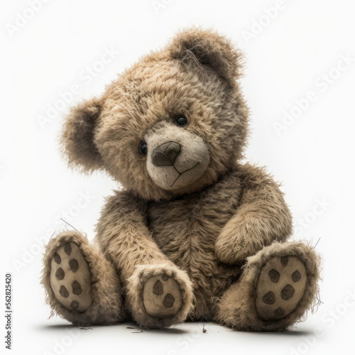 Portrait of a ragged and tattered old teddy bear stuffed animal isolated on a white background, generative ai photo