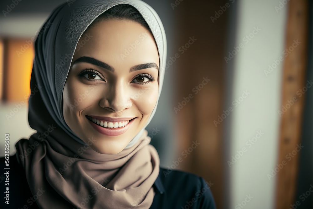 Confident and Connected: Smiling Muslim Woman in Hijab Embraces ...